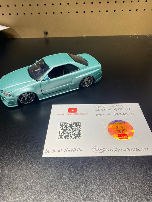2002 Nissan Skyline GTR R34 (TEAL) Jada Toys - Fast & Furious (LOOSE) PRELUDE